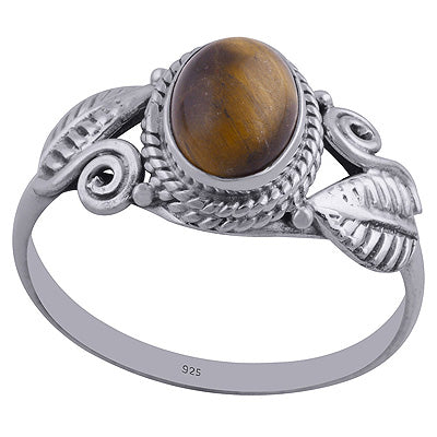 Gorgeous Textured Leaf Around Tiger's Eye Oval Shape 925 Sterling Solid Silver Ring - R3402307-27
