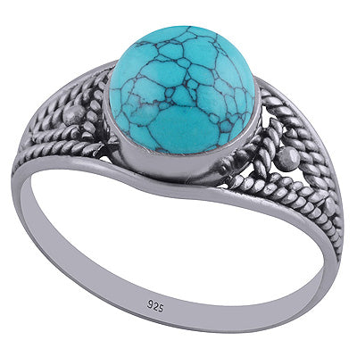 Gorgeous Wirework Turquoise Natural Gemstone Round Shape 925 Sterling Solid Silver Ring - R3402340-58
