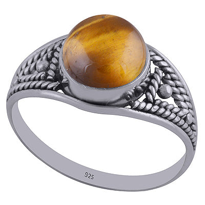 Gorgeous Wirework Tiger's Eye Natural Gemstone Round Shape 925 Sterling Solid Silver Ring - R3402340-72