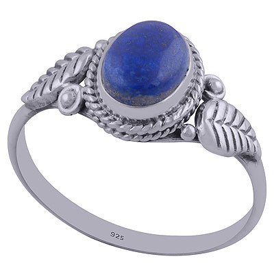 Beautiful Textured Leaf Around Lapis Oval Shape 925 Sterling Solid Silver Ring - R3402344-24