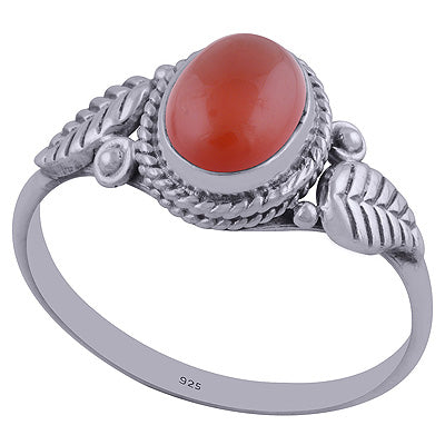 Beautiful Textured Leaf Around Carnelian Oval Shape 925 Sterling Solid Silver Ring - R3402344-29