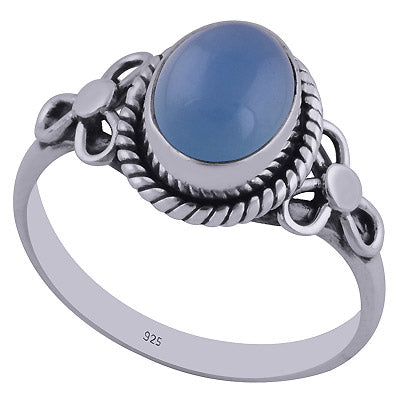 Stunning Handcrafted Flower Around Blue Chalcedony Oval Shape 925 Sterling Solid Silver Ring - R3402356-48