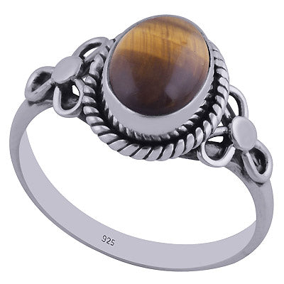 Stunning Handcrafted Flower Around Tiger's Eye Oval Shape 925 Sterling Solid Silver Ring - R3402356-50