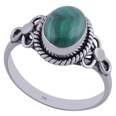Stunning Handcrafted Flower Around Malachite Oval Shape 925 Sterling Solid Silver Ring - R3402356-51