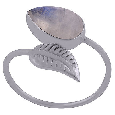 Gorgeous Textured Leaf With Rainbow Moonstone Pear Shape 925 Sterling Solid Silver Rings - R3402402-13