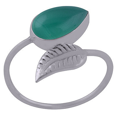 Gorgeous Textured Leaf With Green Onyx Pear Shape 925 Sterling Solid Silver Rings - R3402402-67
