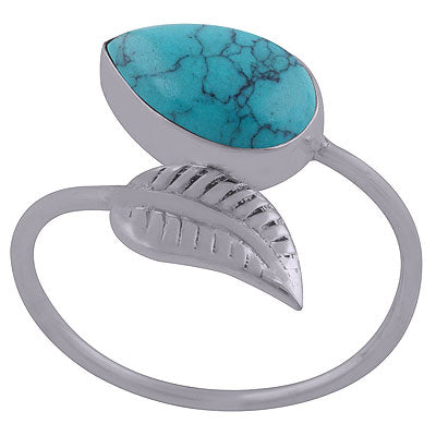 Gorgeous Textured Leaf With Turquoise Pear Shape 925 Sterling Solid Silver Rings - R3402402-9