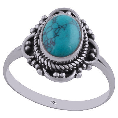 Rawa & Wire Work Around Turquoise Oval Shape 925 Sterling Solid Silver Ring - R3402432-12