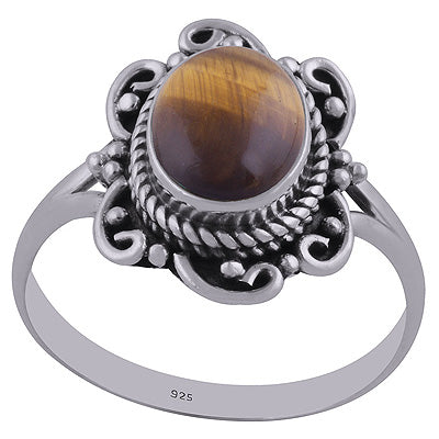 Alluring Handwork Around Tiger's Eye Oval Shape 925 Sterling Solid Silver Ring - R3402438-44