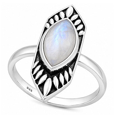 Alluring Oxidised Work Around Rainbow Moonstone Marquise Shape 925 Sterling Solid Silver Ring - R3402456-1