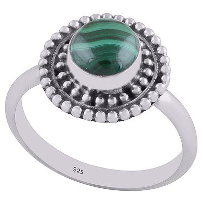 Stunning Rawa Work Pattern Around Malachite Round Shape 925 Sterling Solid Silver Ring - R3402522-26