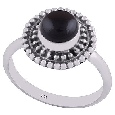 Stunning Rawa Work Pattern Around Black Onyx Round Shape 925 Sterling Solid Silver Ring - R3402522-30