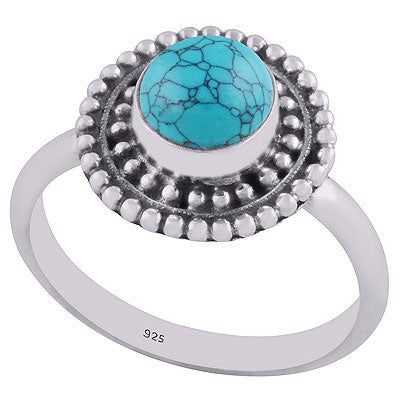 Stunning Rawa Work Pattern Around Turquoise Round Shape 925 Sterling Solid Silver Ring - R3402522-6