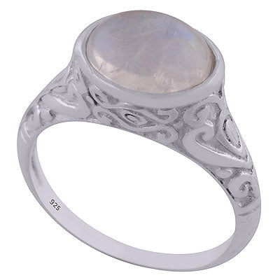 Beautifully Handcrafted Pattern On Rainbow Moonstone Oval Shape 925 Sterling Solid Silver Ring - R3402594-1
