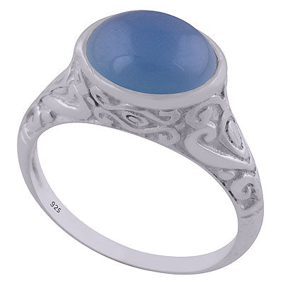 Beautifully Handcrafted Pattern On Blue Chalcedony Oval Shape 925 Sterling Solid Silver Ring - R3402594-11