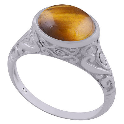 Beautifully Handcrafted Pattern On Tiger's Eye Oval Shape 925 Sterling Solid Silver Ring - R3402594-12