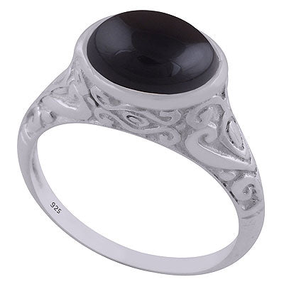 Beautifully Handcrafted Pattern On Black Onyx Oval Shape 925 Sterling Solid Silver Ring - R3402594-14