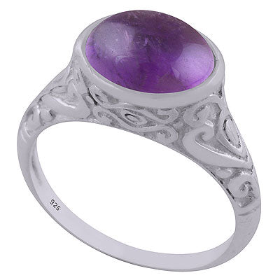 Beautifully Handcrafted Pattern On Amethyst Oval Shape 925 Sterling Solid Silver Ring - R3402594-3