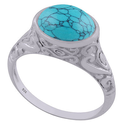 Beautifully Handcrafted Pattern On Turquoise Oval Shape 925 Sterling Solid Silver Ring - R3402594-5