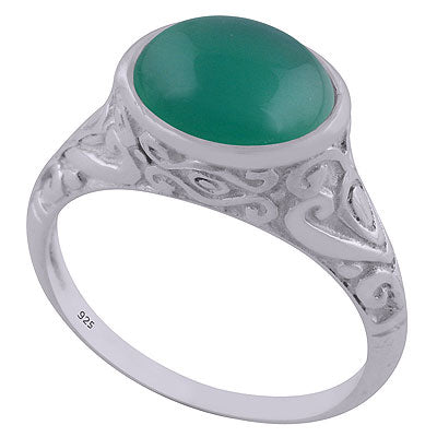 Beautifully Handcrafted Pattern On Green Onyx Oval Shape 925 Sterling Solid Silver Ring - R3402594-9