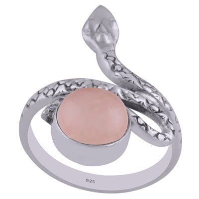 Beautiful Textured Snake Shank Rose Quartz Round Shape 925 Sterling Solid Silver Ring - R3402602-19