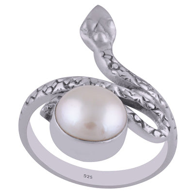 Beautiful Textured Snake Shank Pearl Round Shape 925 Sterling Solid Silver Ring - R3402602-20