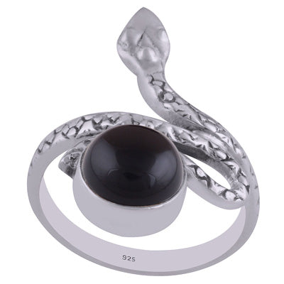 Beautiful Textured Snake Shank Black Onyx Round Shape 925 Sterling Solid Silver Ring - R3402602-22