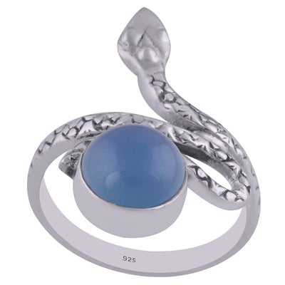 Beautiful Textured Snake Shank Blue Chalcedony Round Shape 925 Sterling Solid Silver Ring - R3402602-24