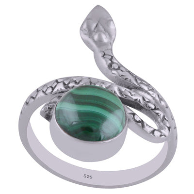 Beautiful Textured Snake Shank Malachite Round Shape 925 Sterling Solid Silver Ring - R3402602-27