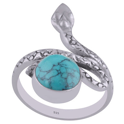 Beautiful Textured Snake Shank Turquoise Round Shape 925 Sterling Solid Silver Ring - R3402602-6
