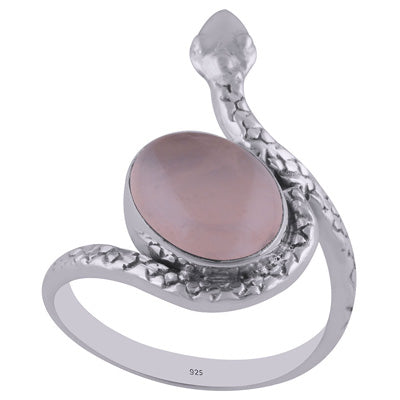 Gorgeous Textured Snake Around Rose Quartz Oval Shape 925 Sterling Solid Silver Ring - R3402603-19