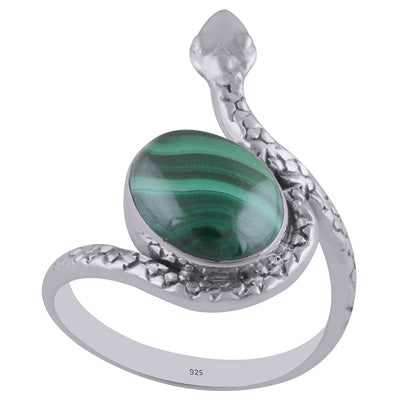 Gorgeous Textured Snake Around Malachite Oval Shape 925 Sterling Solid Silver Ring - R3402603-23