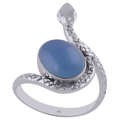 Gorgeous Textured Snake Around Blue Chalcedony Oval Shape 925 Sterling Solid Silver Ring - R3402603-26
