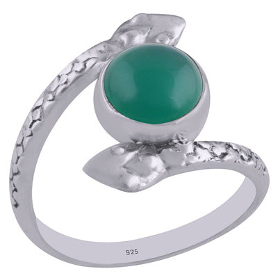 Gorgeous Textured Snake Shank Green Onyx Round Shape 925 Sterling Solid Silver Ring - R3402605-13