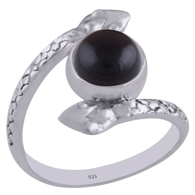 Gorgeous Textured Snake Shank Black Onyx Round Shape 925 Sterling Solid Silver Ring - R3402605-18