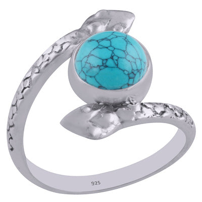 Gorgeous Textured Snake Shank Turquoise Round Shape 925 Sterling Solid Silver Ring - R3402605-5