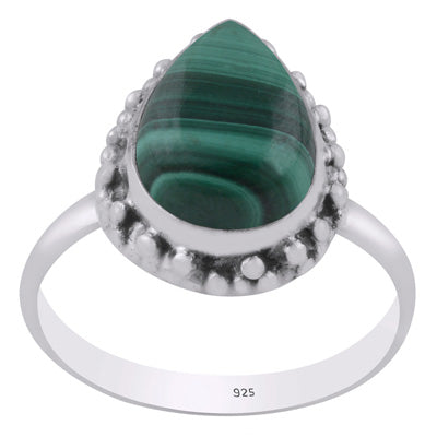 Alluring Rawa Work Pattern Around Malachite Pear Shape 925 Sterling Solid Silver Ring - R3402616-30
