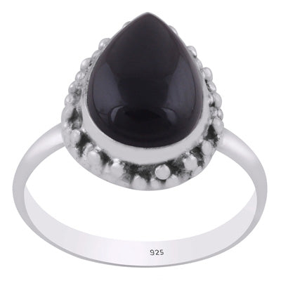 Alluring Rawa Work Pattern Around Black Onyx Pear Shape 925 Sterling Solid Silver Ring - R3402616-31
