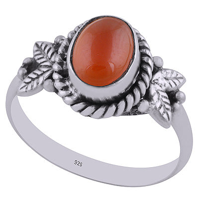 Beautiful Textured Leaf & Rawa Around Carnelian Oval Shape 925 Sterling Solid Silver Ring - R3402656-57