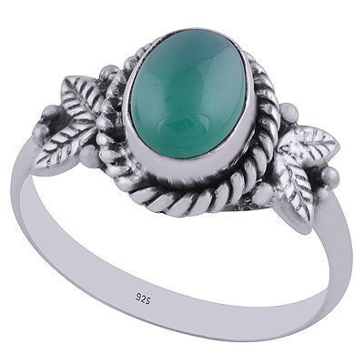 Beautiful Textured Leaf & Rawa Around Green Onyx Oval Shape 925 Sterling Solid Silver Ring - R3402656-58