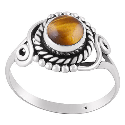 Beautifully Handcrafted Work Around Tiger's Eye Round Shape 925 Sterling Solid Silver Ring - R3402666-26