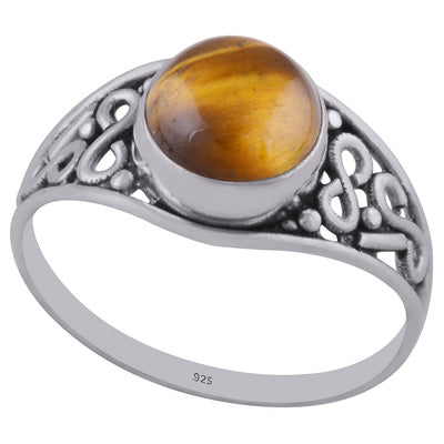 Handmade Wirework Tiger's Eye Round Shape 925 Sterling Solid Silver Ring - R3402677-21