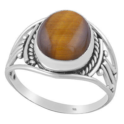 Beautiful Rawa And Wire Work Around Tiger's Eye Oval Shape 925 Sterling Solid Silver Ring - R3402681-18