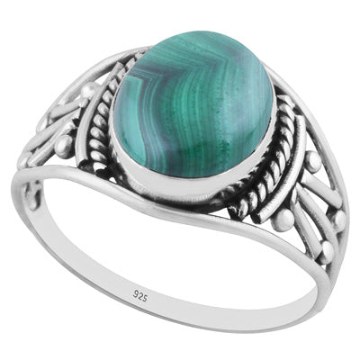 Beautiful Rawa And Wire Work Around Malachite Oval Shape 925 Sterling Solid Silver Ring - R3402681-20