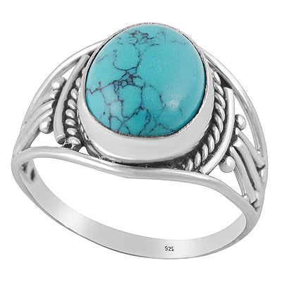 Beautiful Rawa And Wire Work Around Turquoise Oval Shape 925 Sterling Solid Silver Ring - R3402681-7