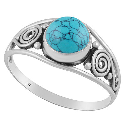 Gorgeous Rawa & Coil Work Around Turquoise Round Shape 925 Sterling Solid Silver Ring - R3402684-7