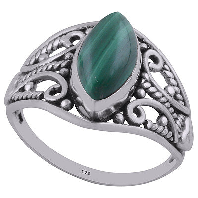 Authentic Wire & Rawa Work Malachite Marquise Shape 925 Sterling Solid Silver Ring - R3402688-18