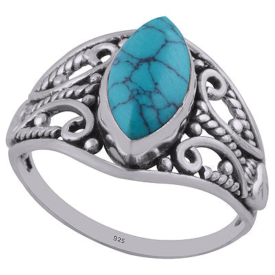 Authentic Wire & Rawa Work Turquoise Marquise Shape 925 Sterling Solid Silver Ring - R3402688-6
