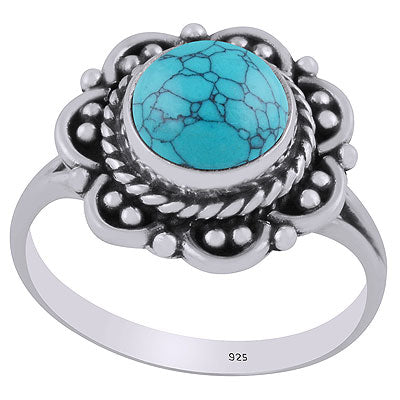 Beautiful Flower Rawa & Wire Work Around Turquoise Round Shape 925 Sterling Solid Silver Ring - R3402832-43
