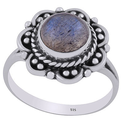 Beautiful Flower Rawa & Wire Work Around Labradorite Round Shape 925 Sterling Solid Silver Ring - R3402832-45